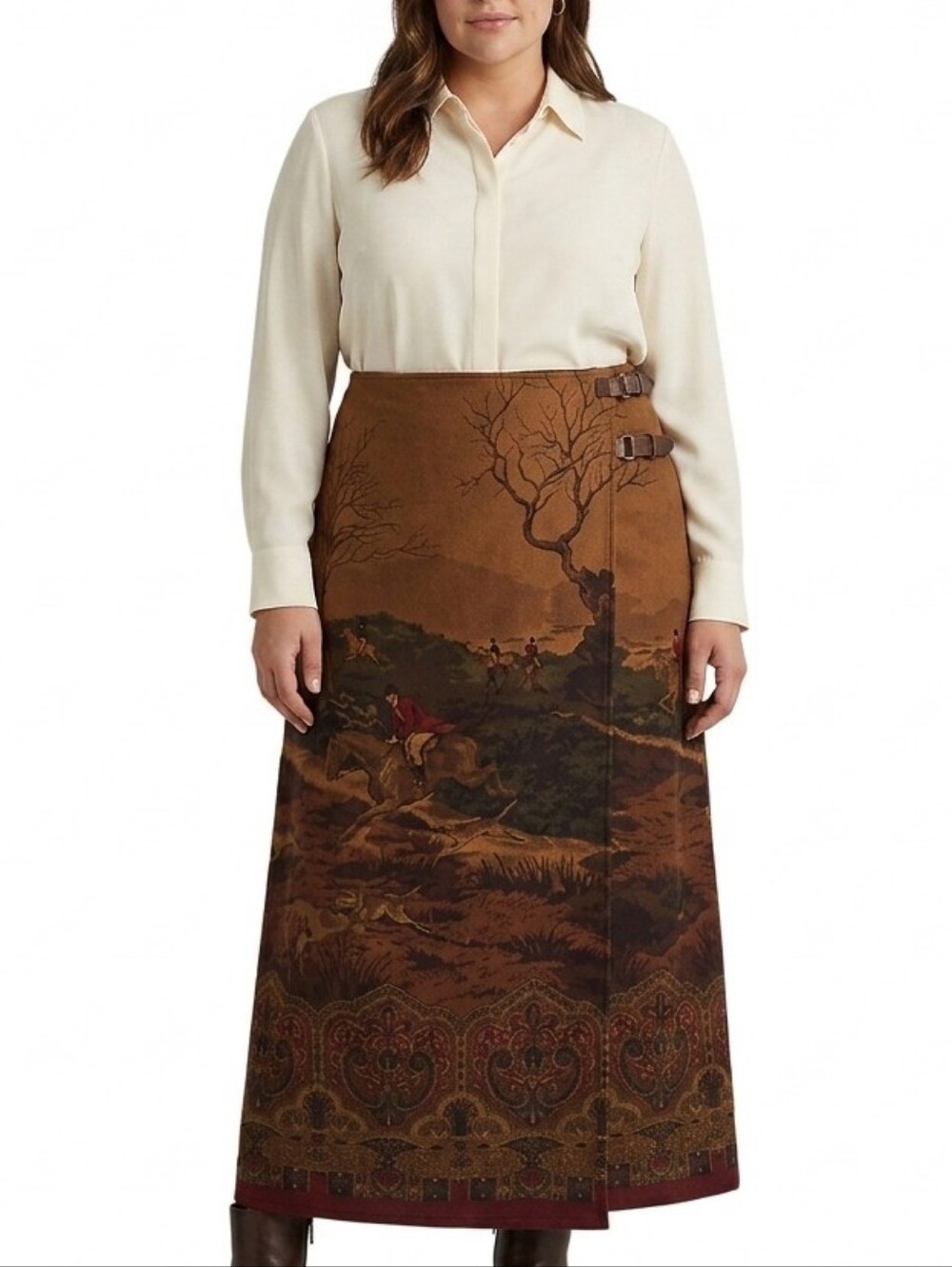 Ralph Lauren Brown Scenic Buckle Wrap Maxi Skirt Vintage 1990's